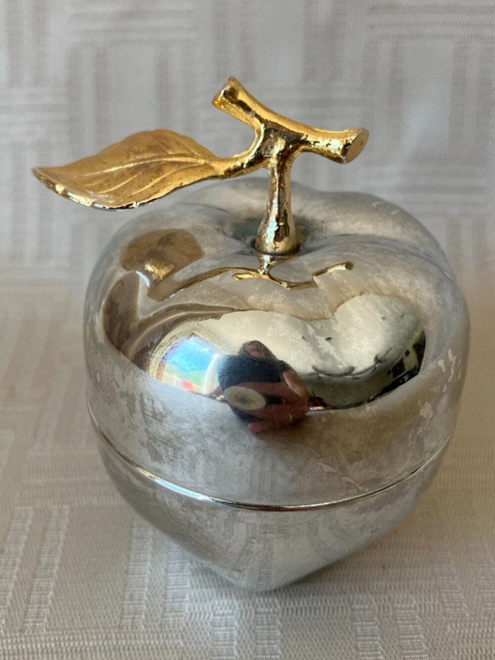 Vintage Silver + Gold Plated Brass Apple Trinket Box Candle Hollywood Regency HK